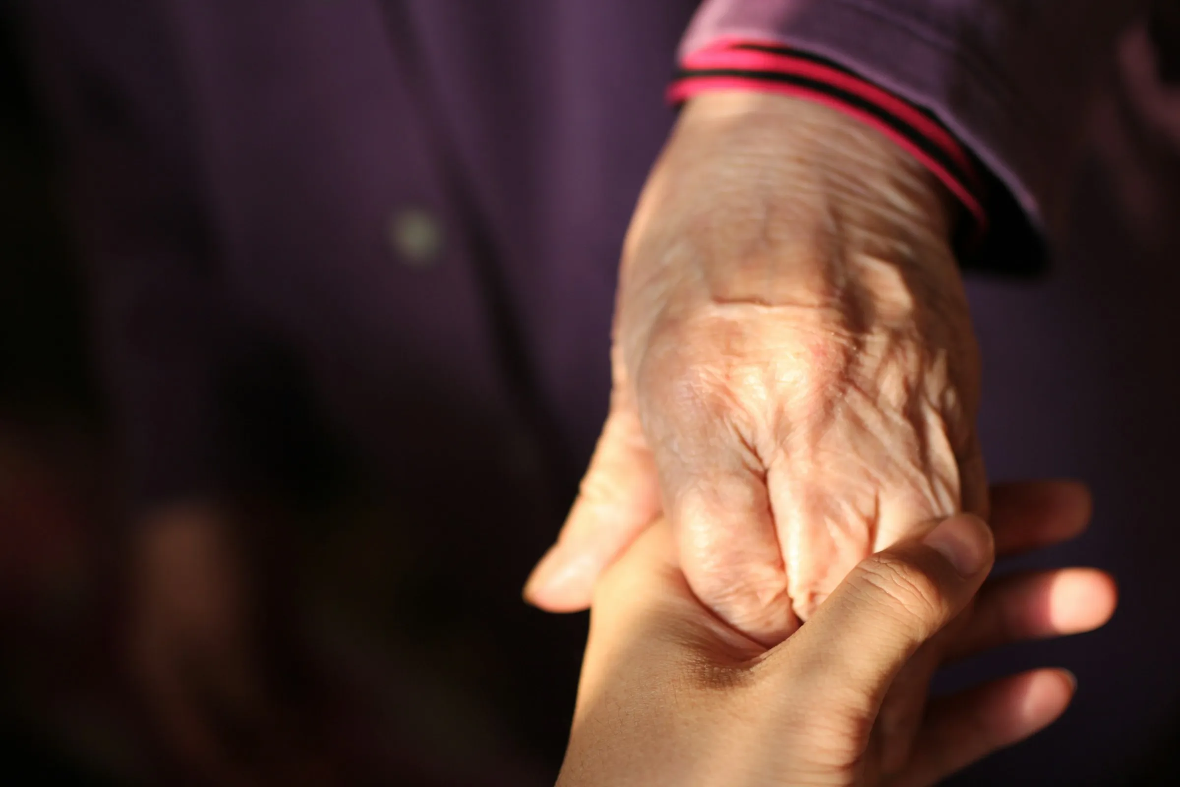 An older hand holding a younger hand in warm light
