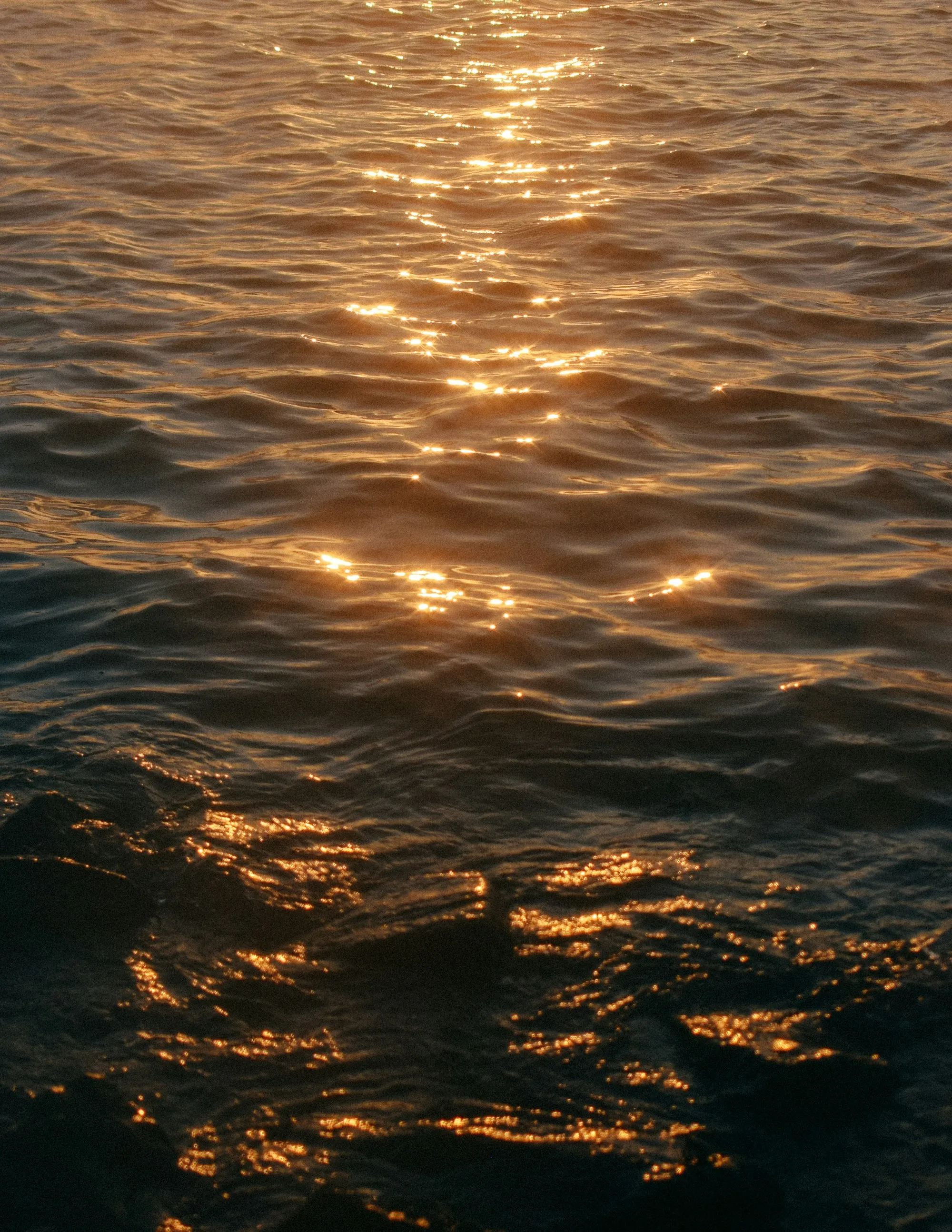 Golden sunset light on calm ocean waves